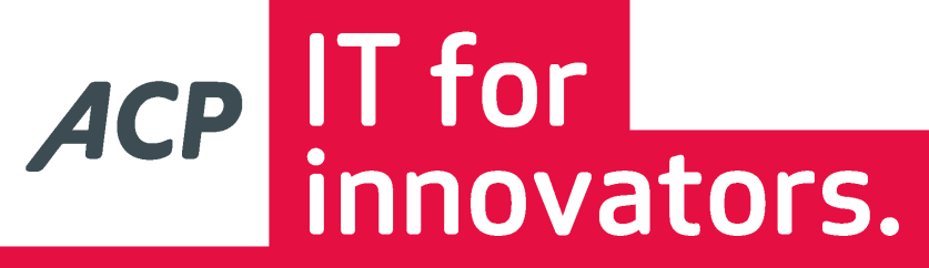 Logo with the text ACP IT for innovators. The letters ACP are in a gray font on a white background, while IT for innovators. is in white text on a red background.