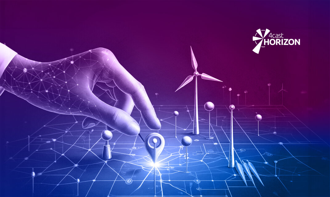 A digital hand interacts with a location pin on a futuristic map, surrounded by wind turbines, network nodes, and the 4cast HORIZON logo, symbolizing technology, innovation, and energy solutions.