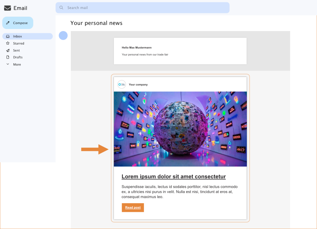 A web-based email interface displays a news update featuring a large globe covered in stickers, surrounded by colorful screens. An arrow points to the news card, which includes a headline, text, and a “Read post” button.