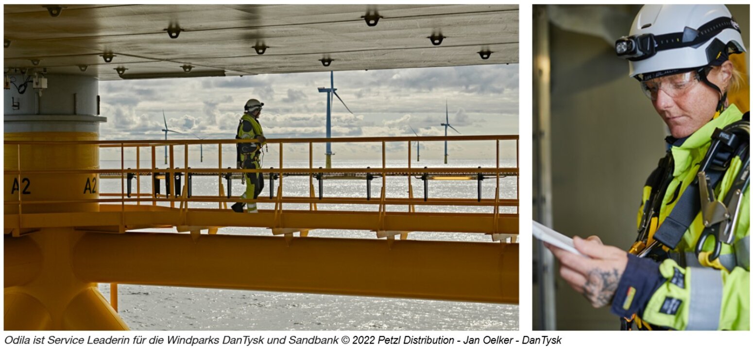 Eine weibliche Windpark-Servicemitarbeiterin in Sicherheitsausrüstung inspiziert eine Offshore-Windkraftanlage; links geht sie auf einer Plattform mit Windturbinen im Hintergrund, und rechts prüft sie ein Klemmbrett aus der Nähe.