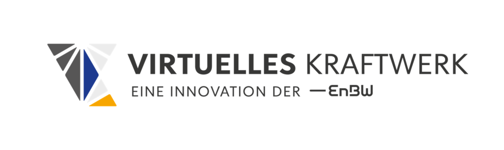 Logo mit einer stilisierten Dreiecksgrafik auf der linken Seite und dem Text Virtuelles Kraftwerk - Eine Innovation der EnBW auf der rechten Seite, in deutscher Sprache.