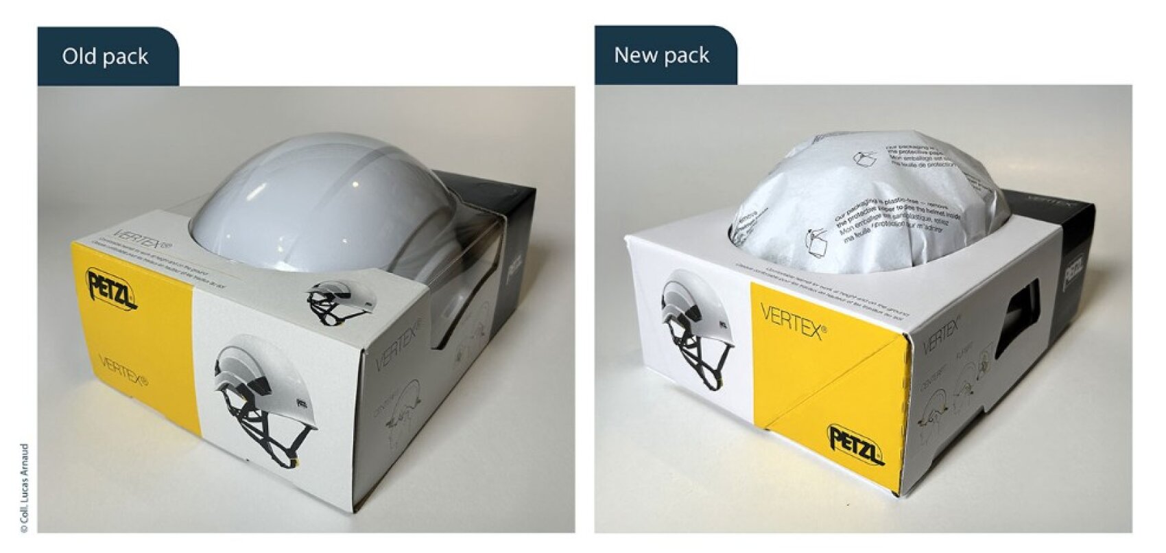 ein Petzl Helm ist mit alter, ein weiterer Helm mit neuer, plastikfreier Verpackung zu sehen