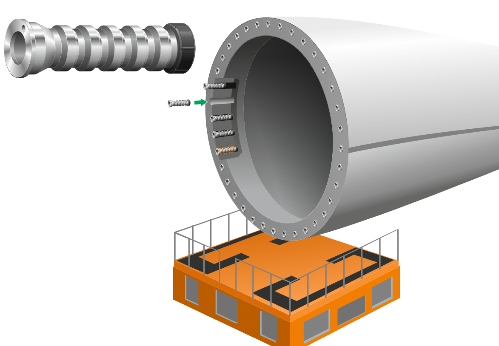 Illustration showing bolts being inserted into the flange of a large cylindrical structure, possibly a turbine section, with an orange work platform positioned below.